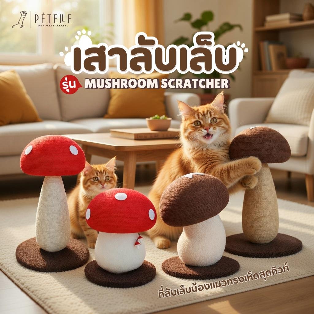 ที่ลับเล็บแมว PETELLE รุ่น Mushroom Scratcher รูปทรงเสาเห็ดสุดน่ารัก ผลิดจากวัสดุปลอดสารพิษ ทนทาน ฐานกว้าง มั่นคง ดีไซน์น่ารัก สำหรับแมวทุกวัย
